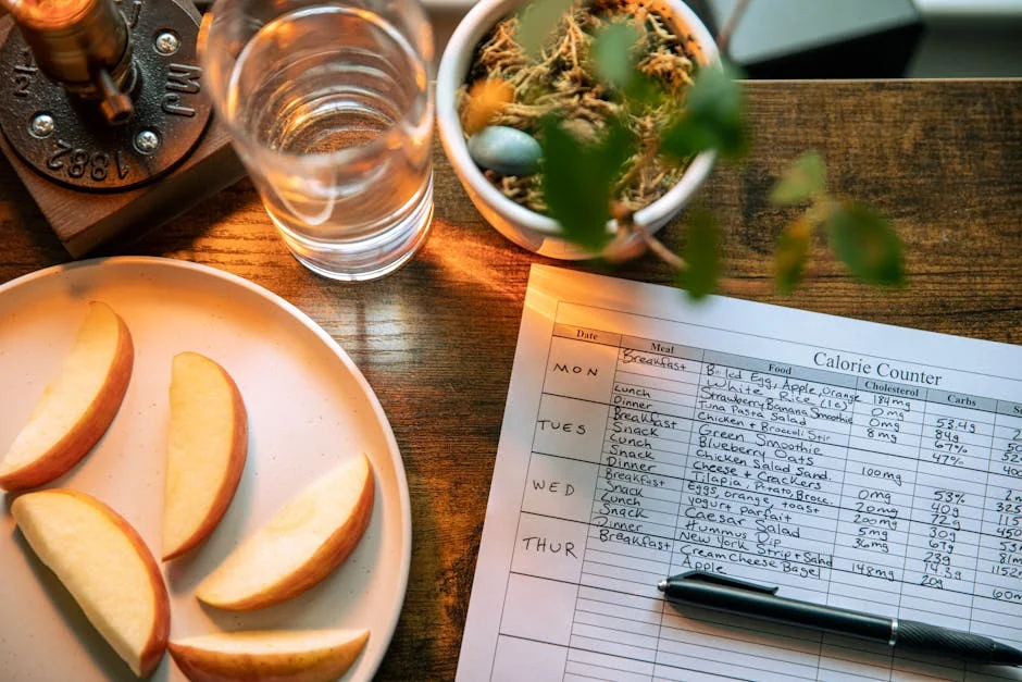Top view of apple slices, water, and a calorie counter sheet on a wooden table promoting a healthy lifestyle. - calorie management