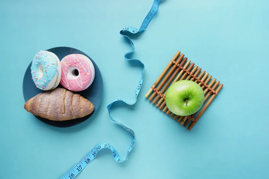 Contrast of healthy and indulgent foods with a measuring tape for weight management. - calorie management