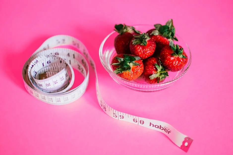 A glass bowl of fresh strawberries paired with a pink measuring tape symbolizes healthy eating. - calorie management