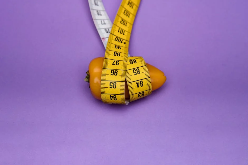 A yellow bell pepper wrapped in a yellow measuring tape against a purple background, symbolizing dieting and measurement. - calorie management