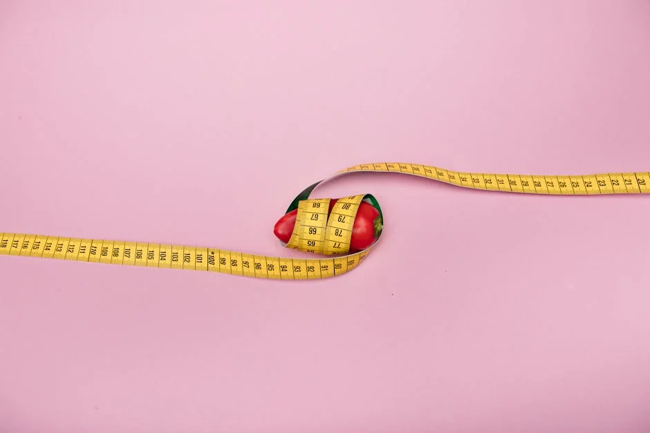 A red bell pepper wrapped with a yellow measuring tape on a pink background symbolizing diet and health. - calorie management