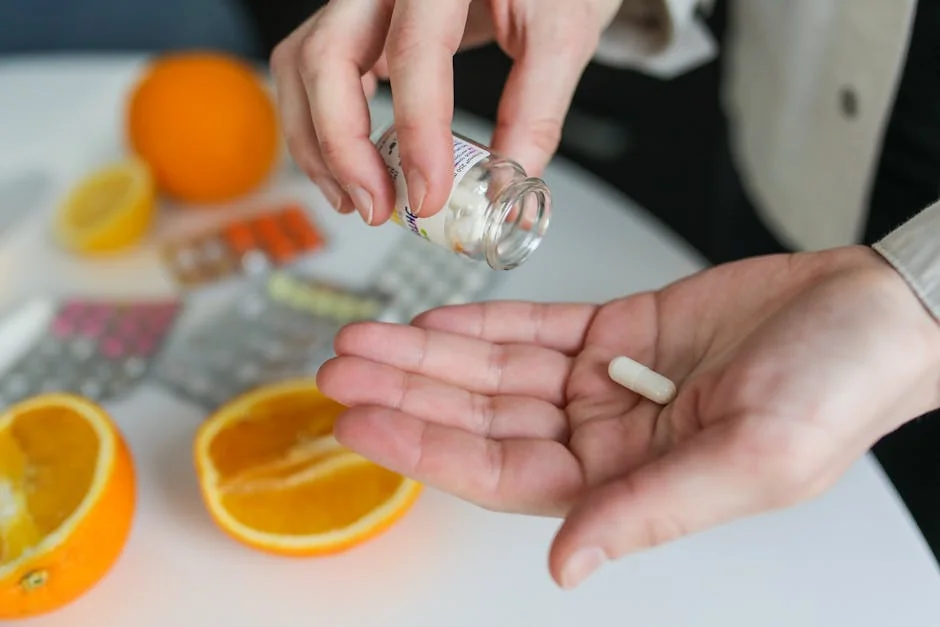 Close-up of a person taking a vitamin capsule with citrus fruit and medication on a table. - immune support