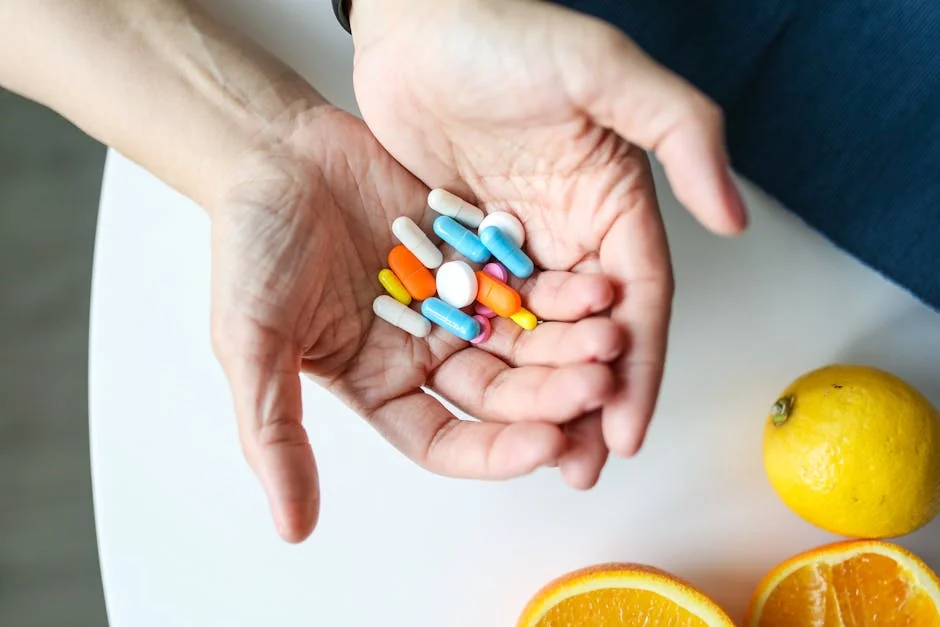Close-up of hands holding multicolored pills with oranges, symbolizing health and nutrition. - immune support