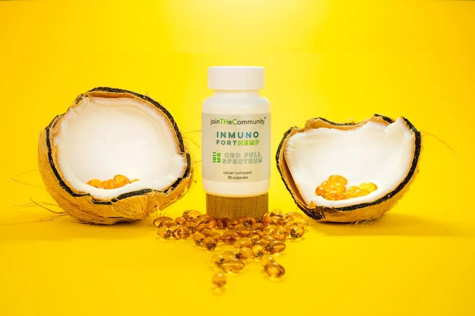 CBD capsules with coconut shells on a vibrant yellow background. - immune support
