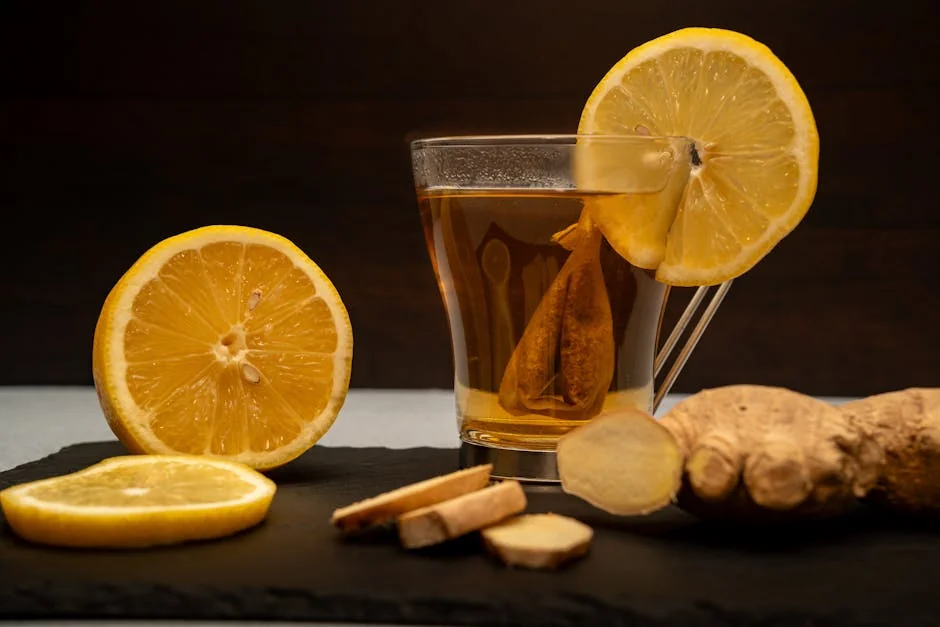 A warm cup of lemon ginger tea surrounded by fresh lemon slices and ginger root on slate. - immune support