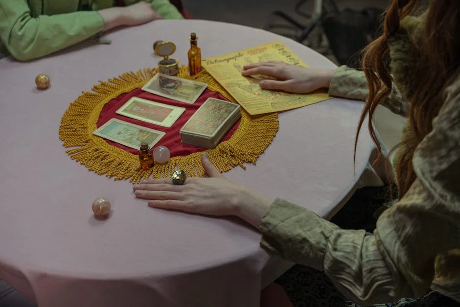 A spiritual tarot reading session with cards and crystals on a decorative table. - keen vs california psychics