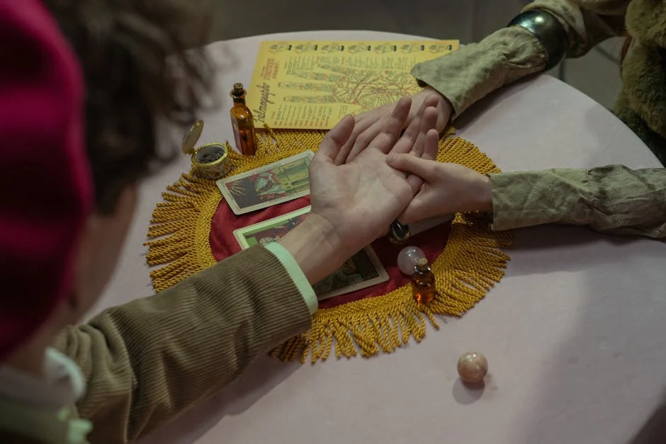 Close-up of a fortune-teller performing a palm reading with tarot cards on a decorated table. - keen vs california psychics