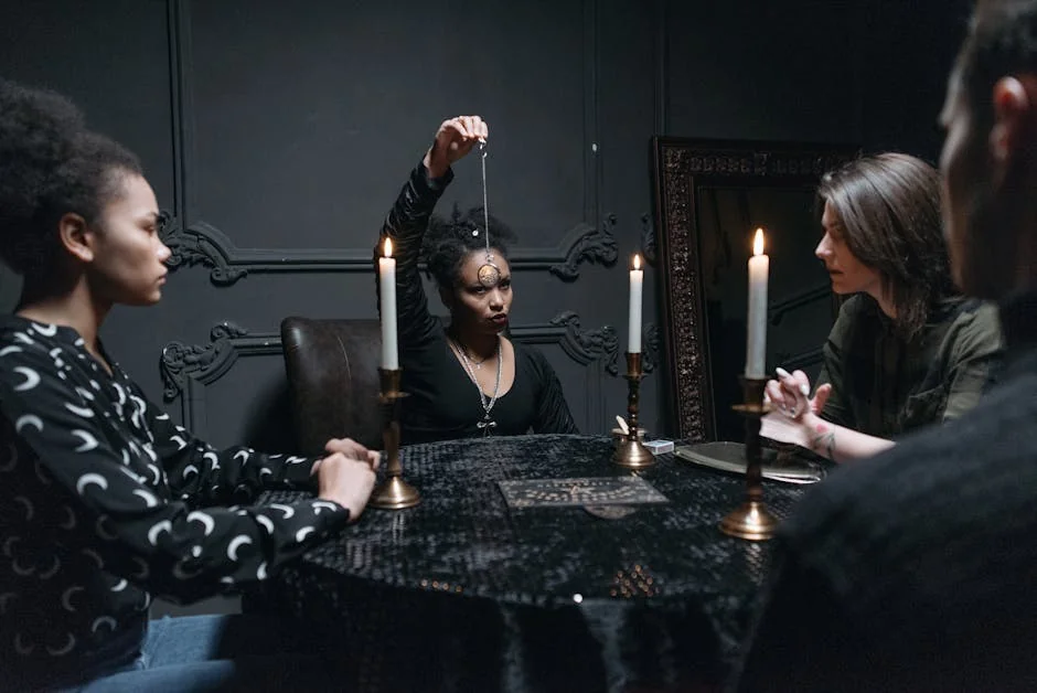 A group of adults engaged in a mystical seance, illuminated by candlelight, creating an ethereal and enigmatic atmosphere. - keen vs california psychics