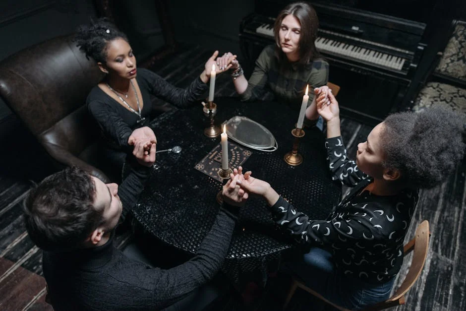 Four people gather around a table with candles, holding hands for a mystical seance session. - keen psychic reviews