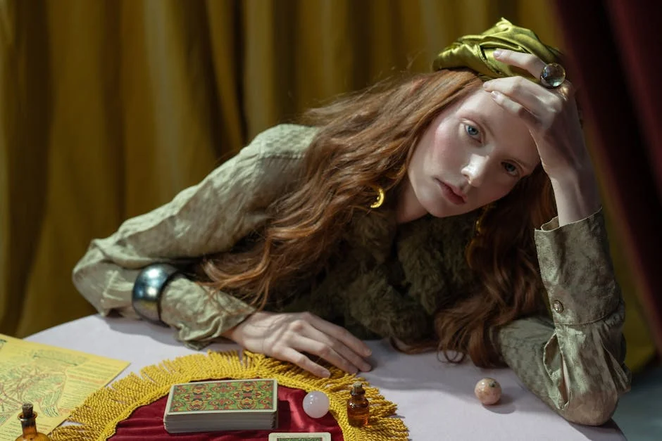 Mysterious fortune teller with ginger hair, tarot cards, and mystical ambiance. - keen psychic reviews