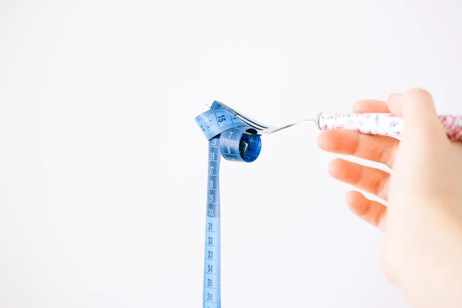 A blue measuring tape wrapped around a fork representing dieting or healthy eating concept. - portion control