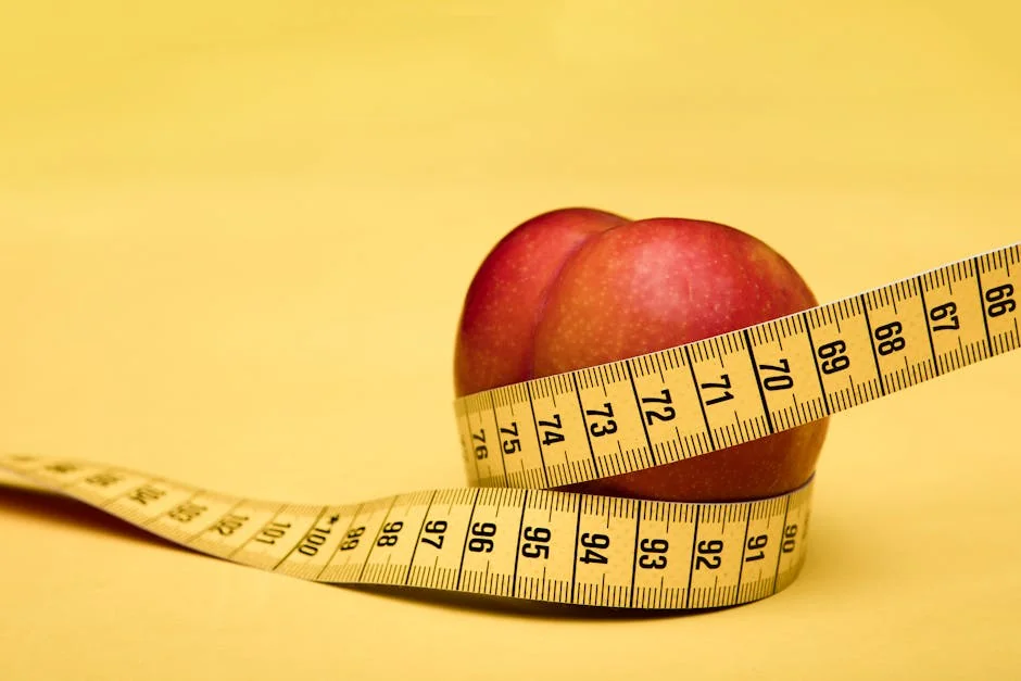 A peach wrapped with a measuring tape on a vibrant yellow background, symbolizing health and measurement. - portion control