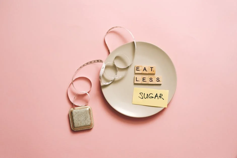 Flat lay of a plate with scrabble tiles spelling 'Eat Less Sugar,' accompanied by a tape measure, symbolizing healthy eating. - portion control