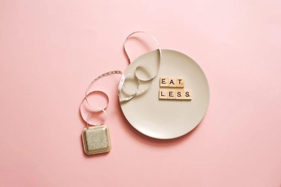A motivational image featuring a plate with scrabble tiles spelling 'Eat Less' on a pink background. - portion control
