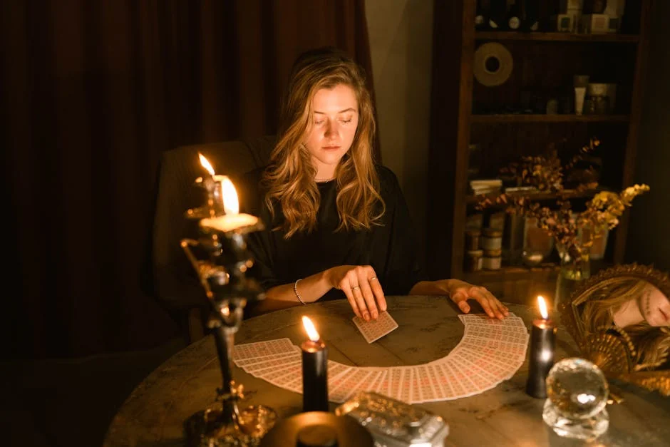 A woman sitting in a dimly lit room, reading tarot cards by candlelight. - free psychic chat first 3 minutes