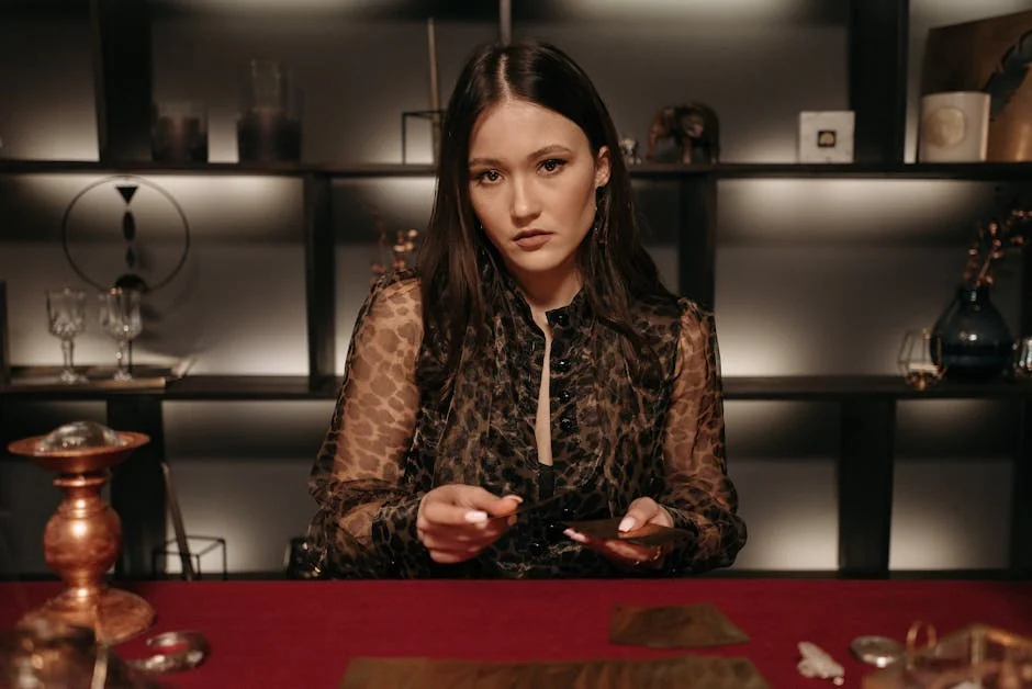 Mysterious young woman performing a fortune telling session with tarot cards. - free psychic chat first 3 minutes