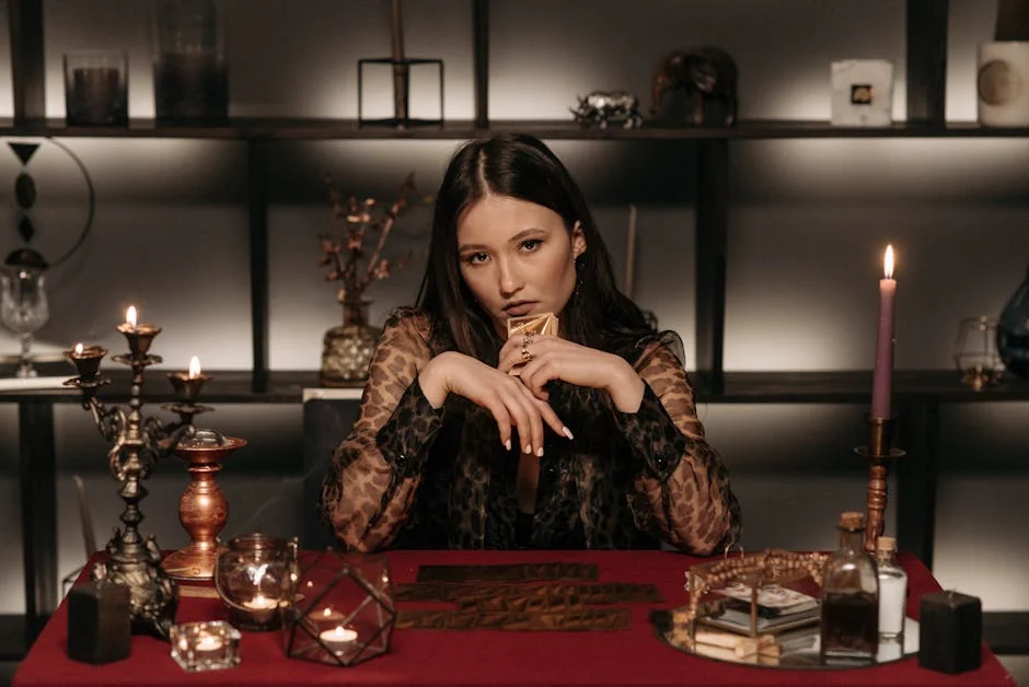 A woman holding tarot cards during a mysterious fortune-telling session with candles. - free psychic chat first 3 minutes
