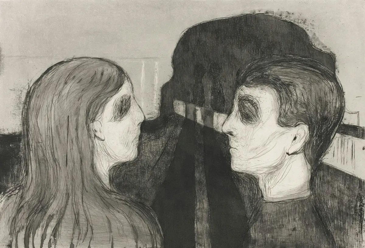 Attraction II Date: 1895 Artist: Edvard Munch Norwegian, 1863-1944 https://www.artic.edu/artworks/17221/attraction-ii - psychic soulmate sketches