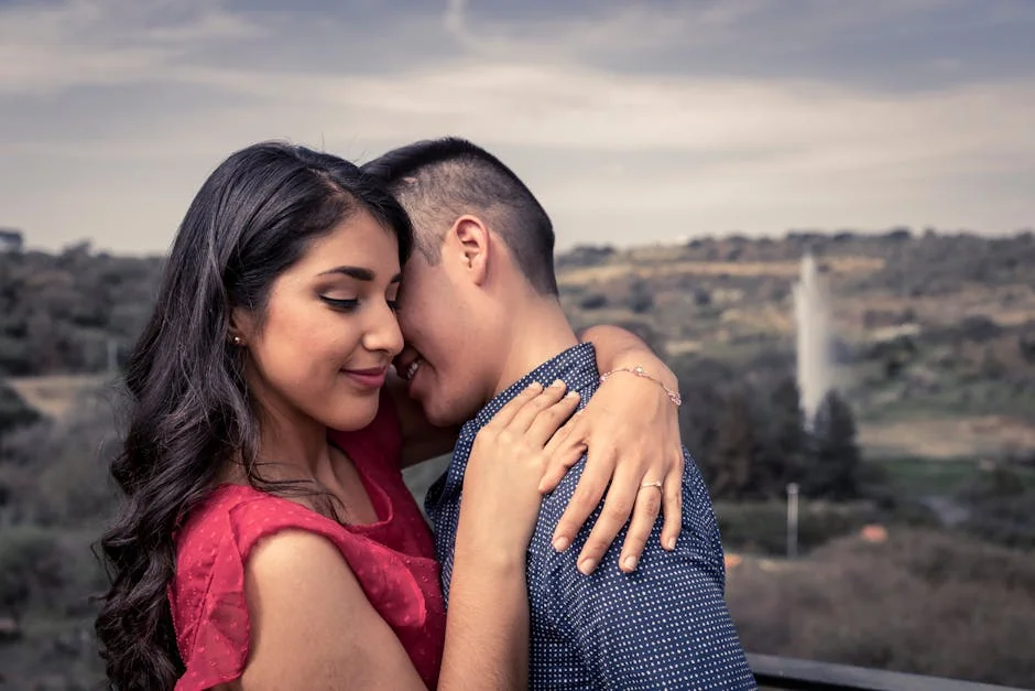 A loving couple embraces outdoors, capturing a moment of romance and affection. - couple love together - Relationship advice psychics