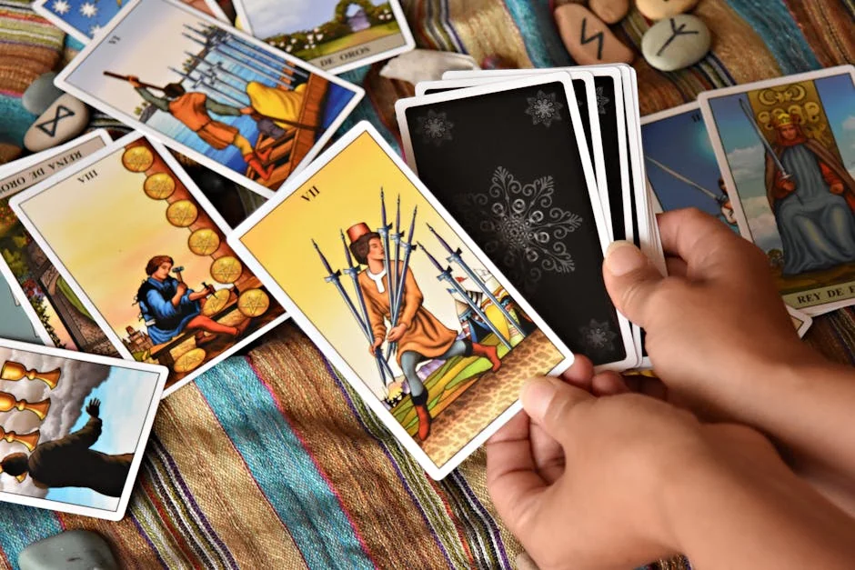 Close-up of hands holding Tarot cards on a colorful cloth, ready for divination. - trusted tarot readers online