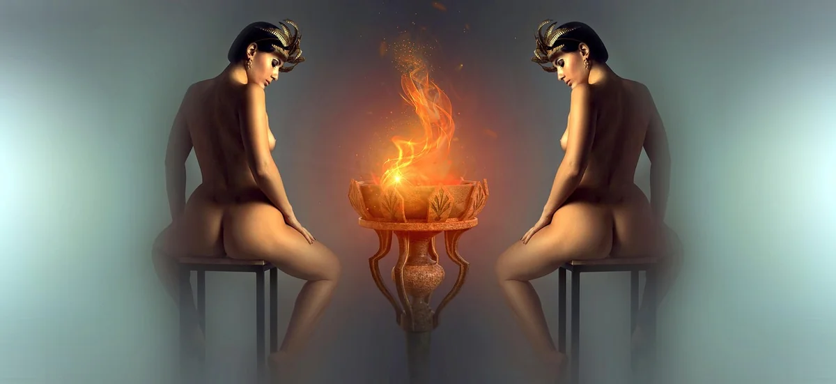 fantasy, model, body, inna mikitas, fire, female, girl, woman, eroticism, mystical, act, skin, pretty, pose, to sit, double, twin, human, figure, fantastic, light, mood, flame - twin flame connection guidance