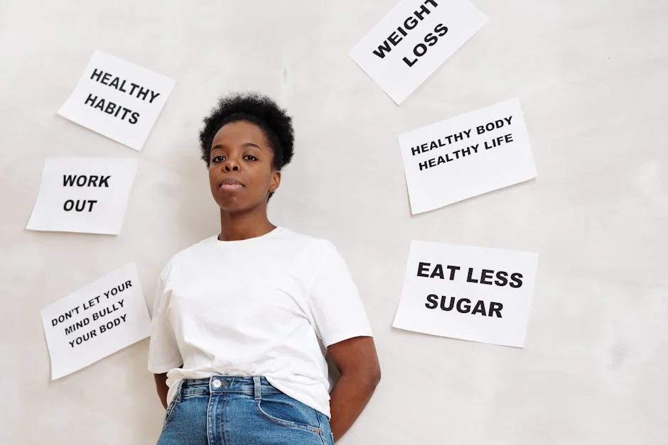African American woman stands near motivational health slogans on the wall, promoting a positive lifestyle. - wellness tips