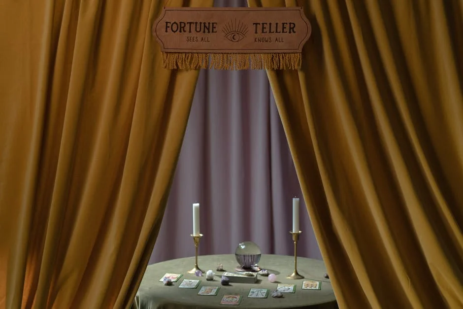 A mystical setup with a crystal ball, candles, tarot cards, and crystals, framed by curtains. - live medium readings