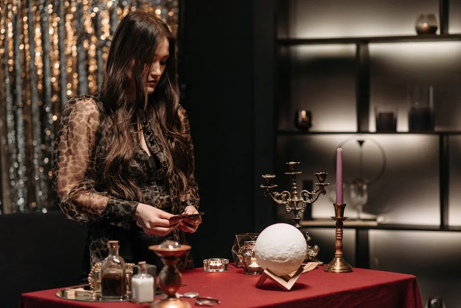 A woman engaged in fortune telling with crystal ball and tarot cards, creating a mystical atmosphere. - live medium readings