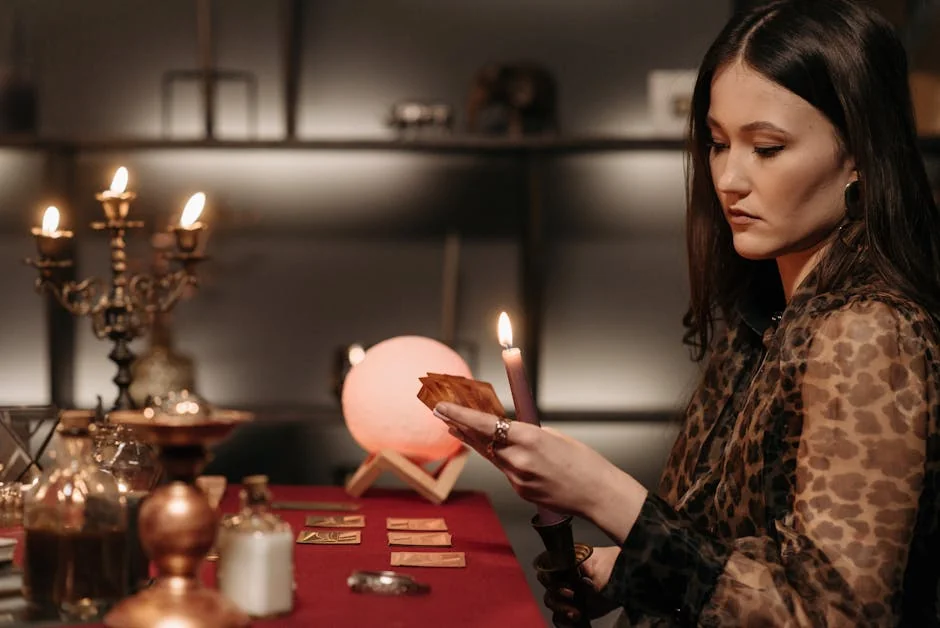 A woman engages in a mystical tarot reading by candlelight, creating an enchanting atmosphere. - free psychic chat first 3 minutes